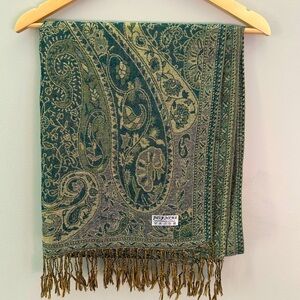 Pashmina Jade Green Blue Metallic Gold Paisley Silk Knit Tassel Wrap Scarf